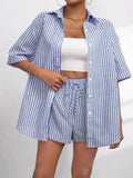 Striped Button Up Shirt Shorts Casual Set