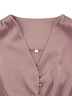 Elegant V-neck Puff Sleeve Button-down Midi Dress (25)
