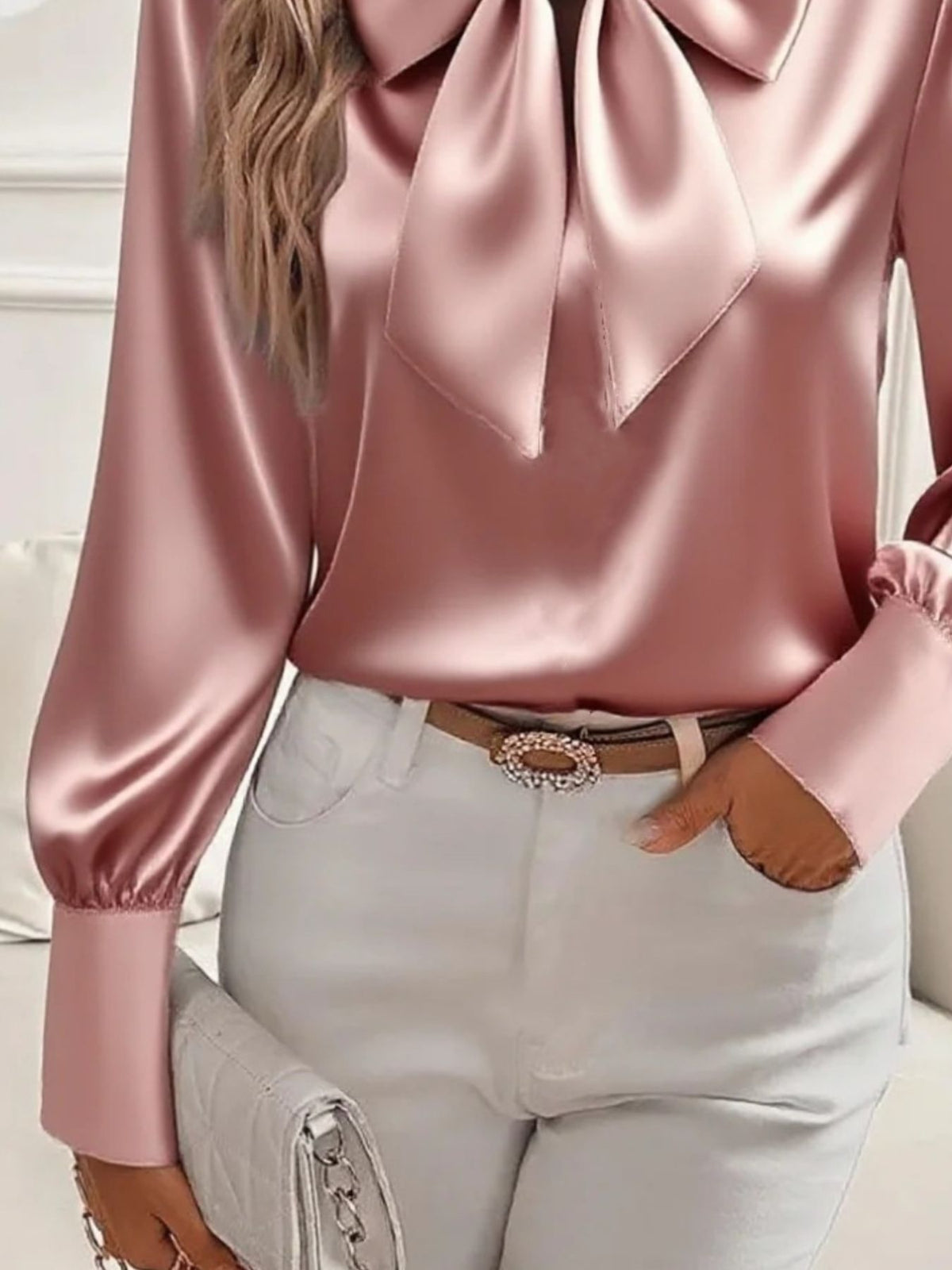 Satin Bow Tie Long Sleeve Top (6)