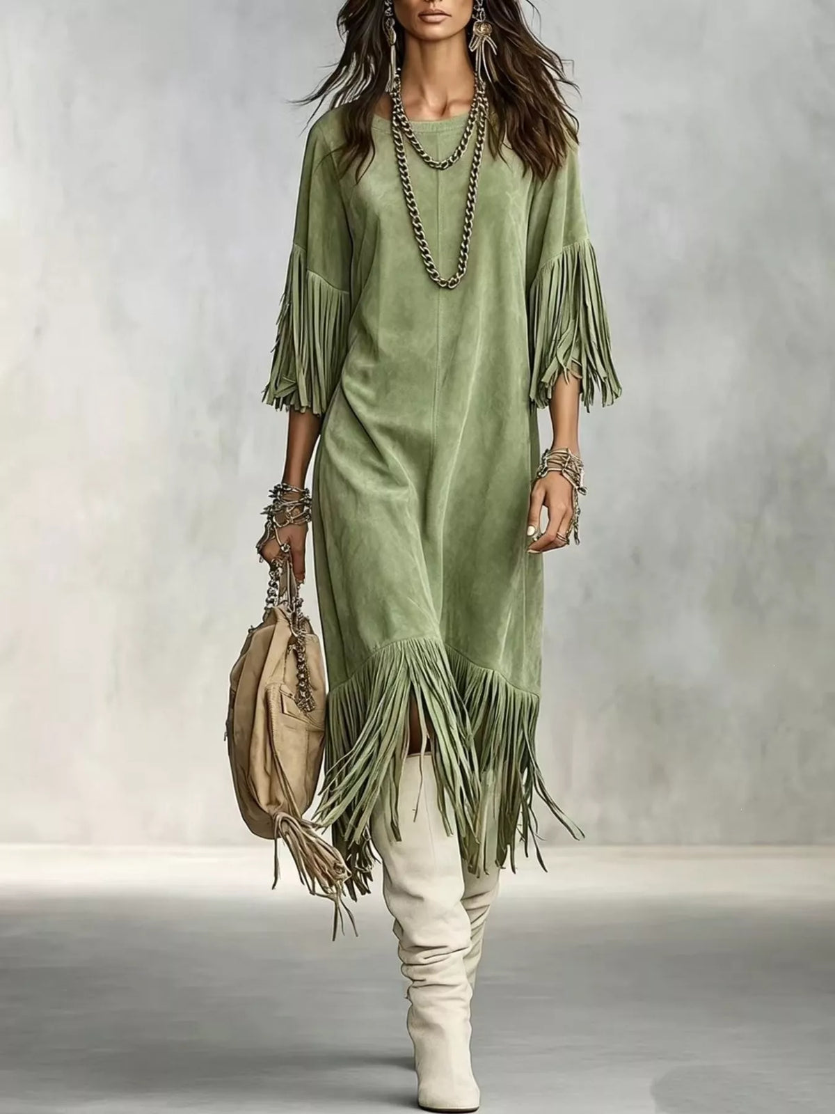 Fringed Round Neck Midi Dress (7)
