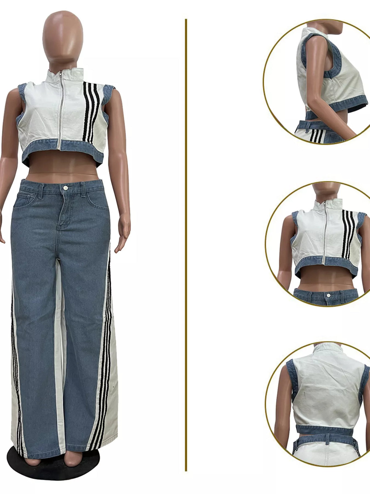 Zip Front Crop Top Striped Pants Set (4)