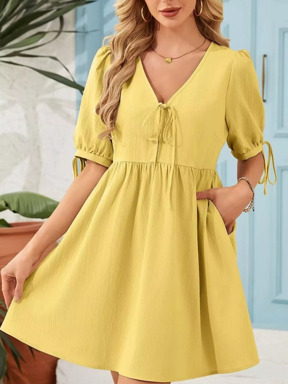 Tie-neck Puff Sleeve A-line Mini Dress (13)