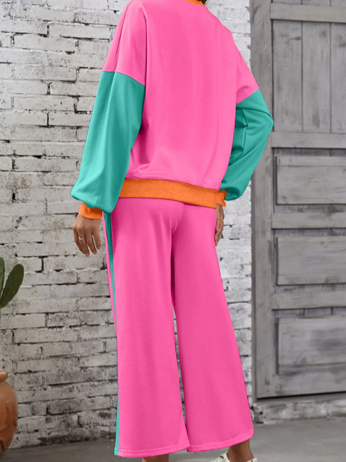 Block Round Neck Top Pants Set (28)