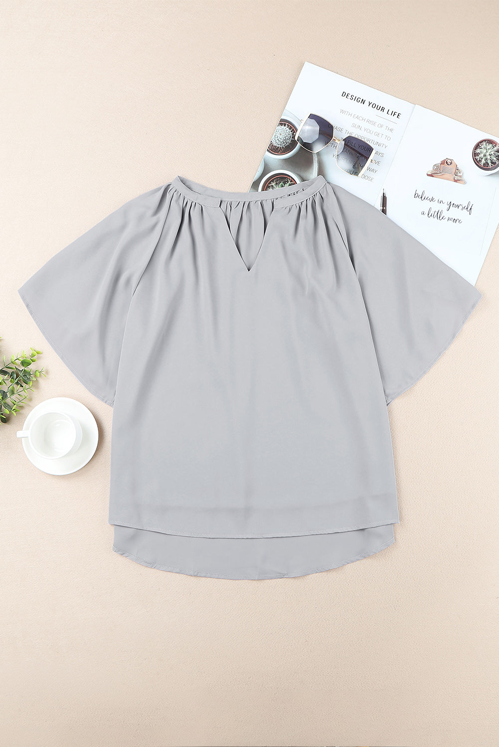 Gathered Detail Notched Neck Flutter Sleeve Top (18)