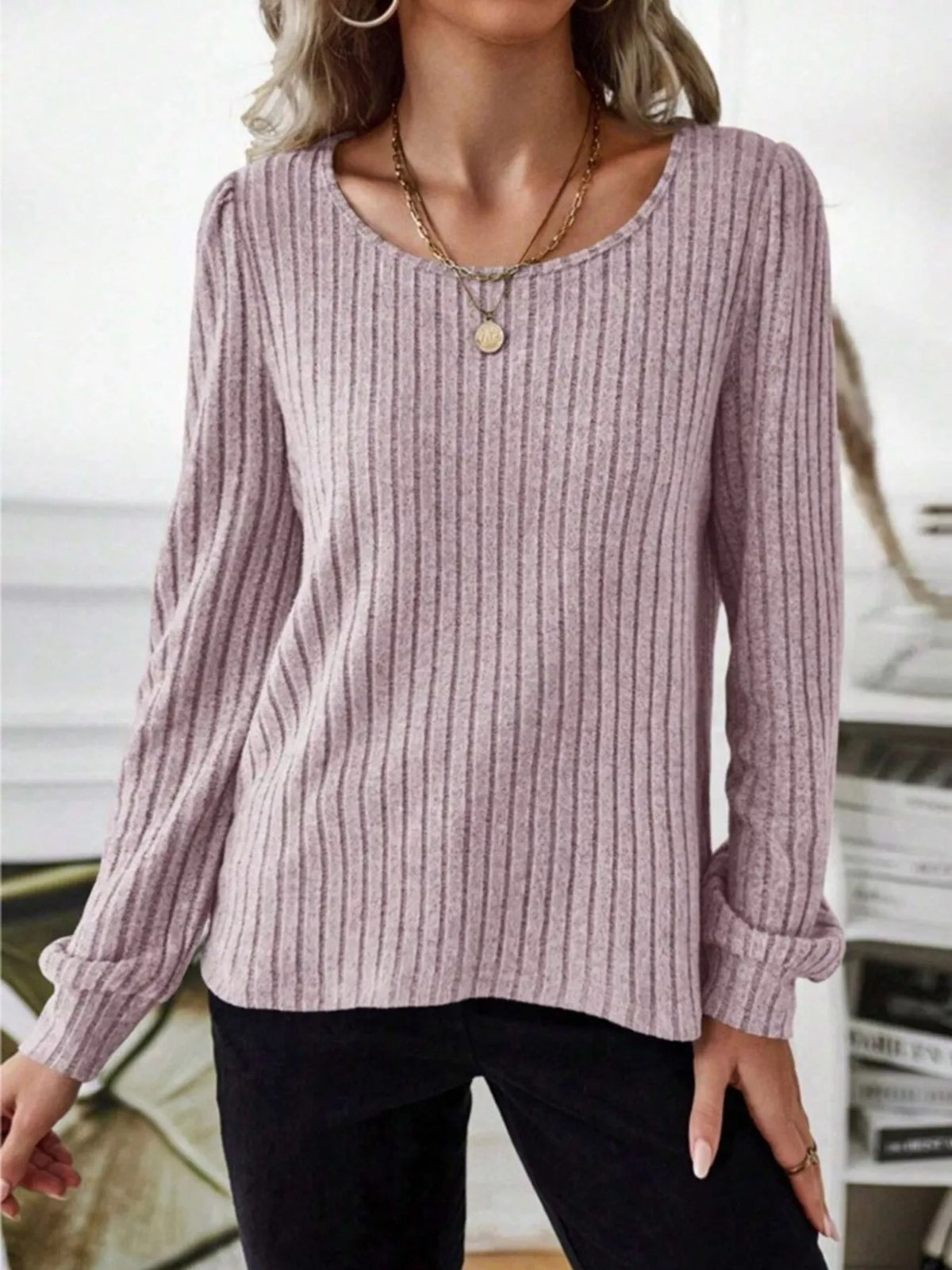 Ribbed Knit Long Sleeve T-shirt (15)