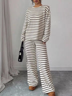 Striped Knit Dropped Shoulder Top Pants Set (2)