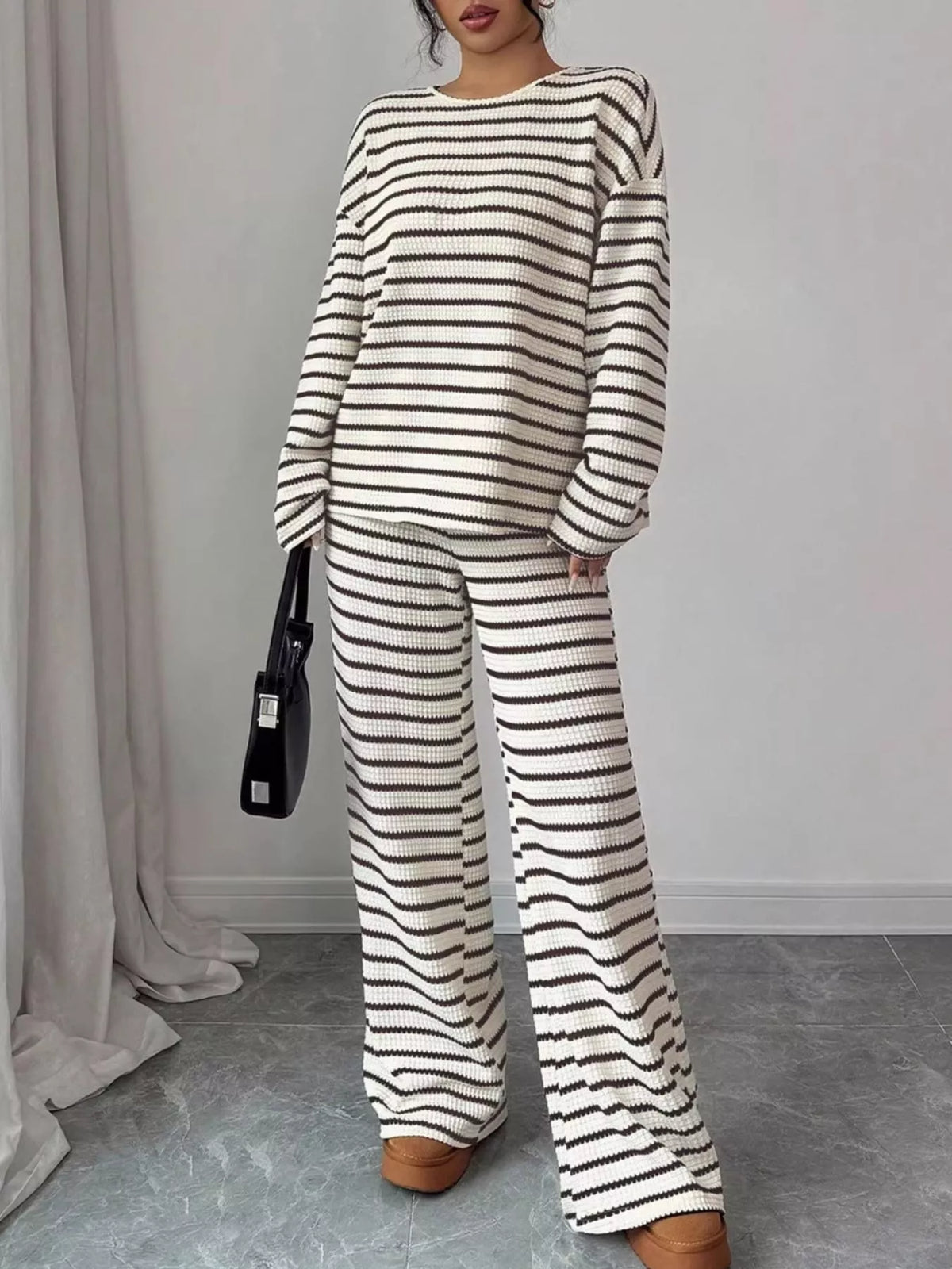 Striped Knit Dropped Shoulder Top Pants Set (2)