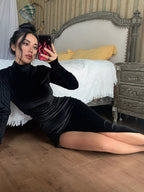 Velvet High-neck Slit Dress (3)