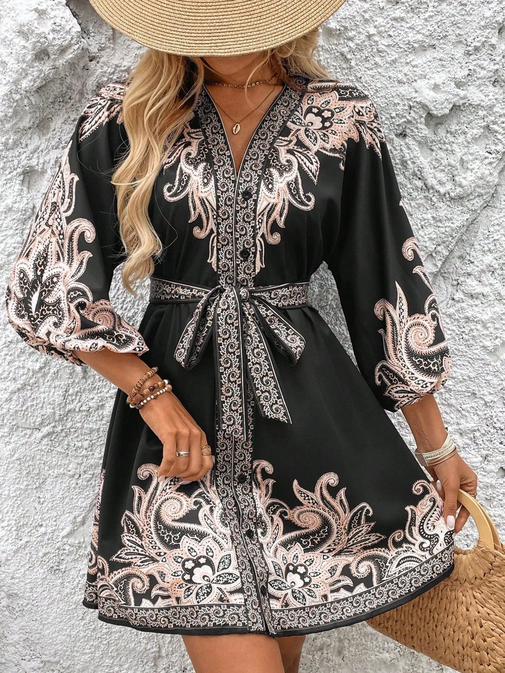 Printed V-neck Balloon Sleeve Mini Dress (11)