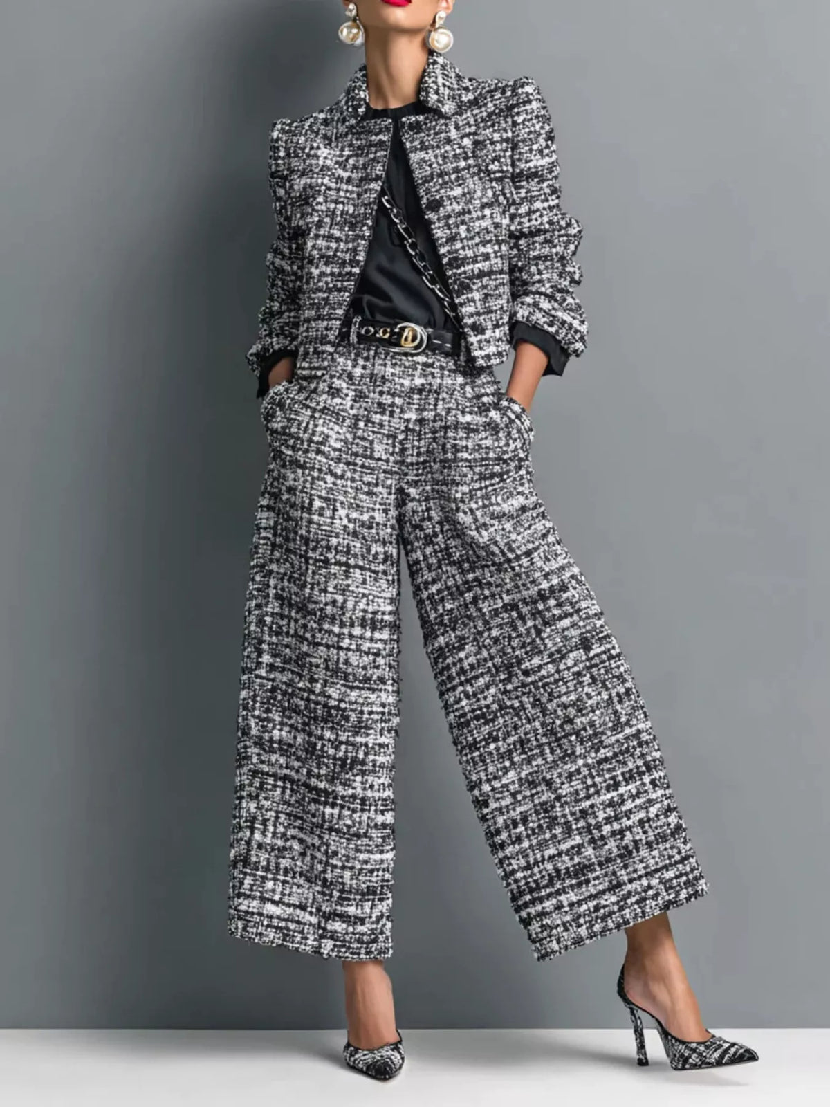 Tweed Cropped Jacket Wide-leg Pants Set