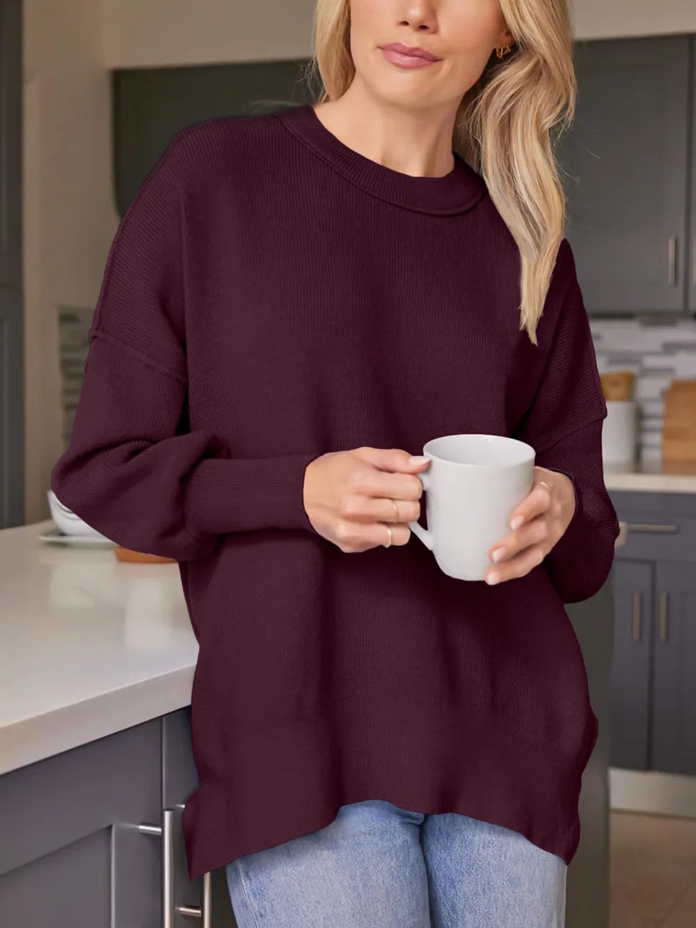 Slit Round Neck Dropped Shoulder Sweater (8)
