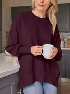 Slit Round Neck Dropped Shoulder Sweater (8)