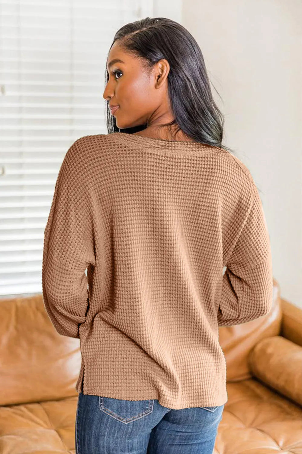 Slit Waffle Knit Long Sleeve T-shirt (6)