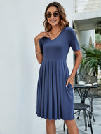 Pleated V-neck Short Sleeve Tee Dress (15)