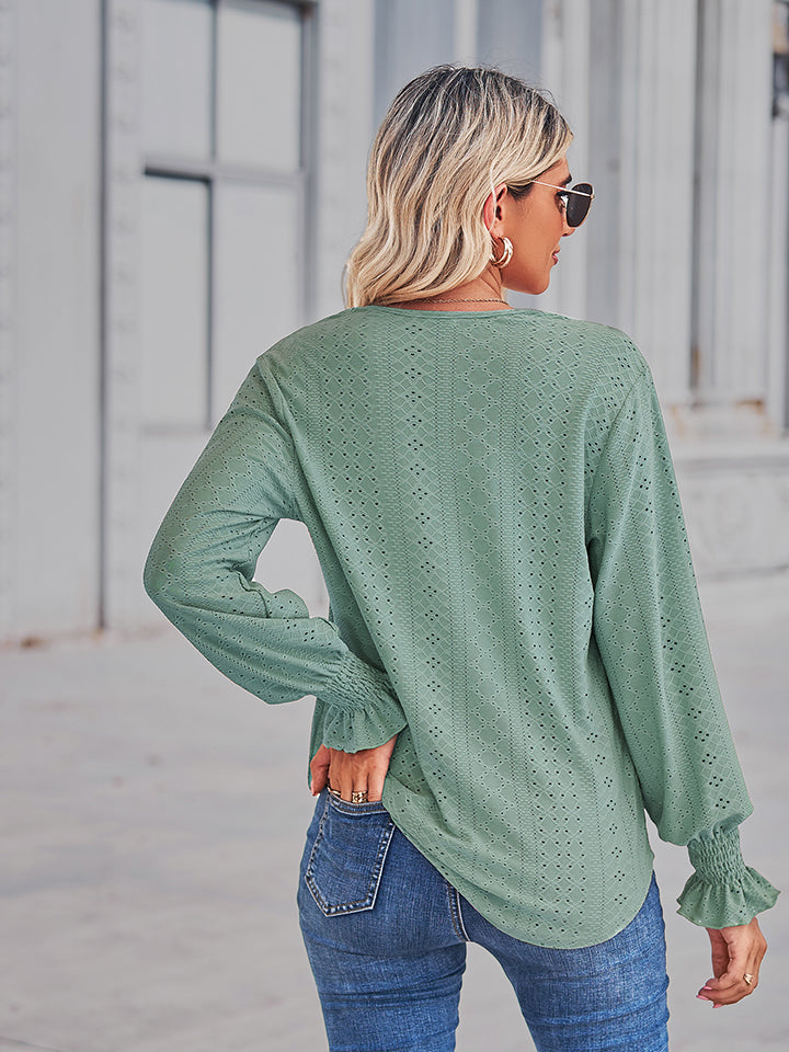 V-neck Eyelet Flounce Sleeve Blouse (10)