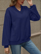 V-neck Long Sleeve Dropped Shoulder Sweatshirt (28)