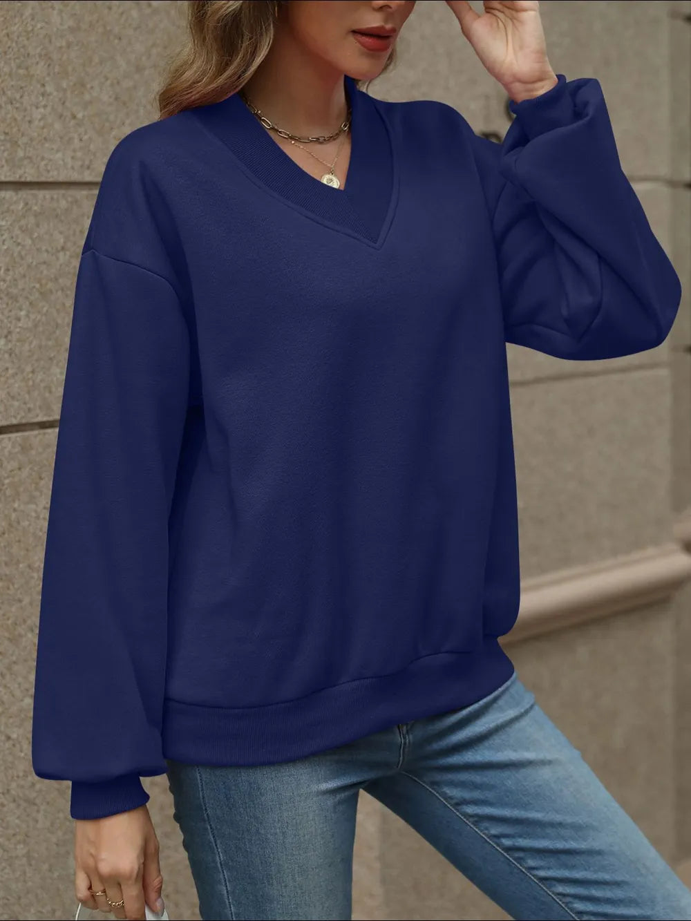 V-neck Long Sleeve Dropped Shoulder Sweatshirt (28)