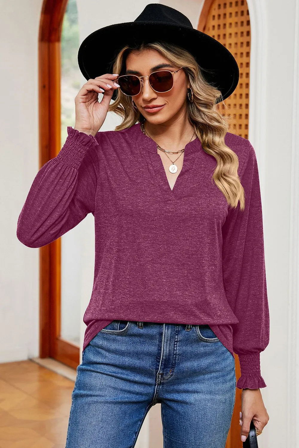 Notched Lantern Sleeve T-shirt (19)