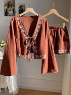 Embroidered Tie-front Top Shorts Set (8)