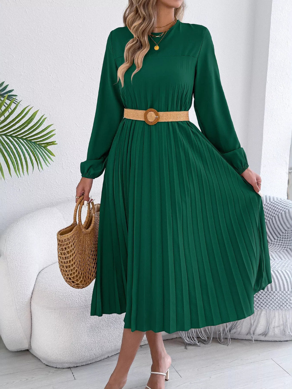Pleated A-line Midi Dress (9)