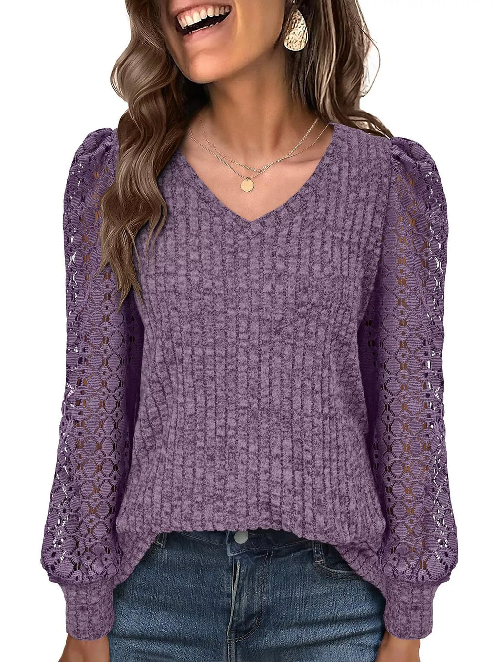 Lace Sleeve V-neck T-shirt (5)