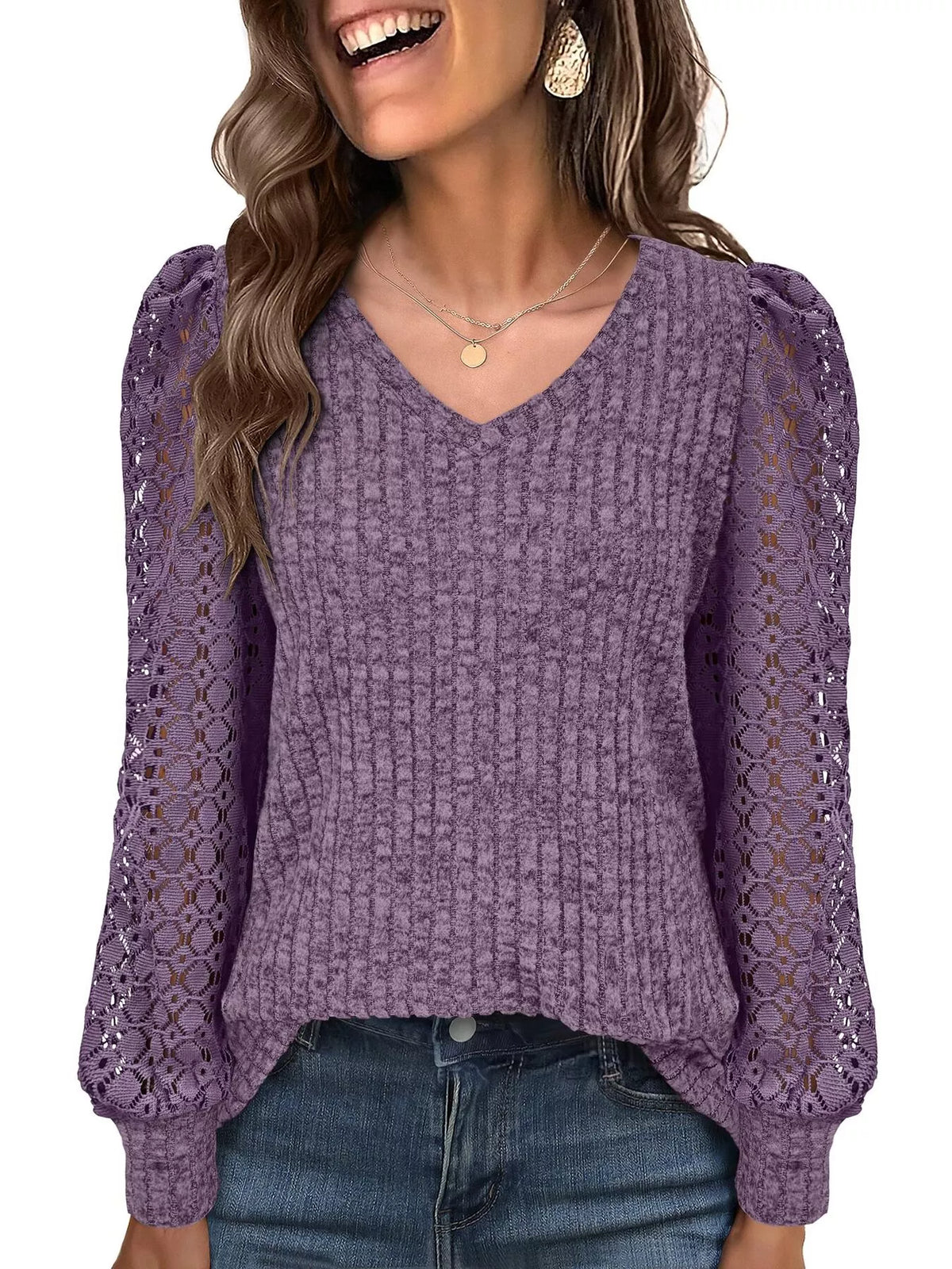 Lace Sleeve V-neck T-shirt (5)