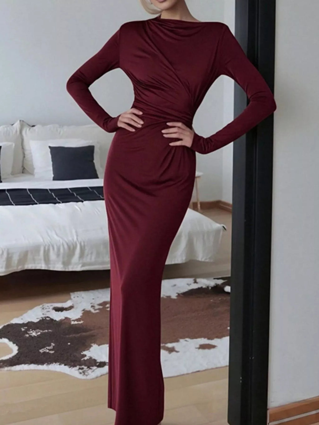 Ruched Long Sleeve Bodycon Maxi Dress (6)