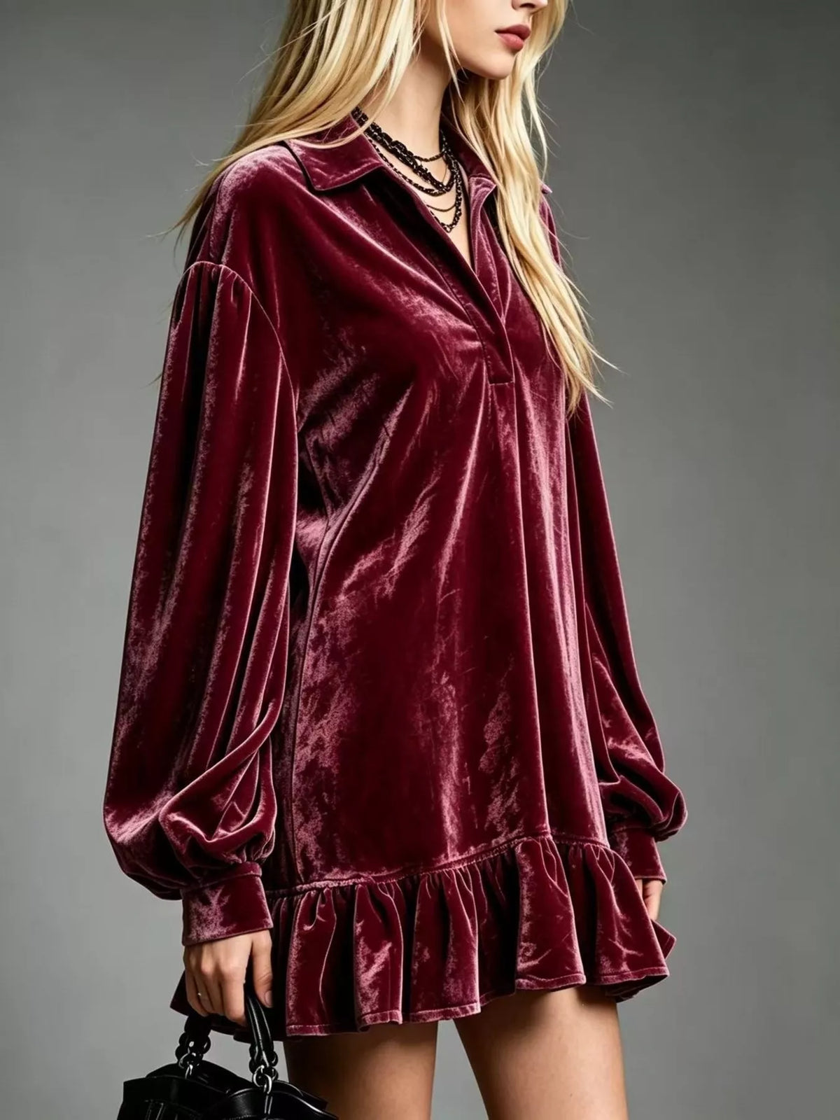 Full Size Velvet Ruffled Hem Long Sleeve Dress Plus (14)