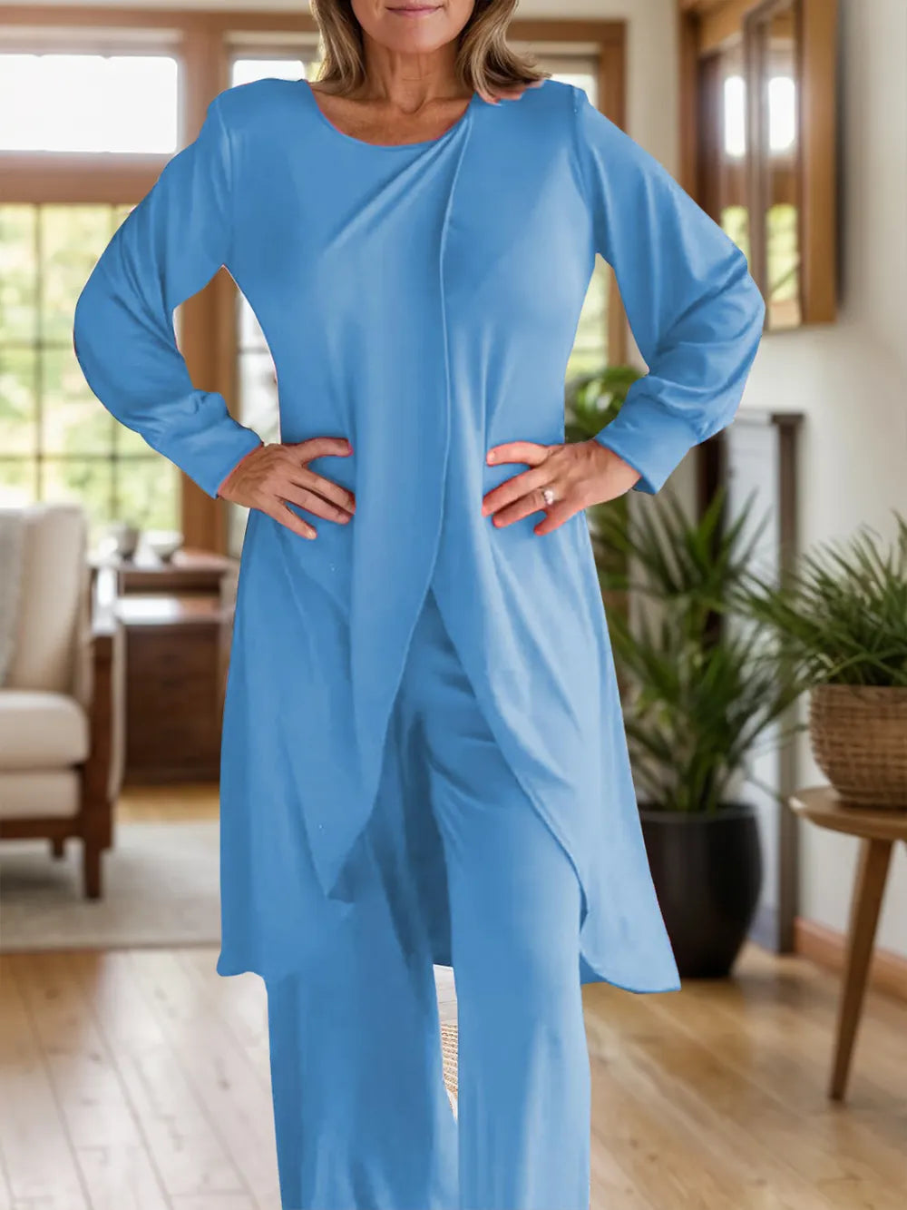 Full Size Slit Round Neck Long Sleeve Top Pants Set (15)