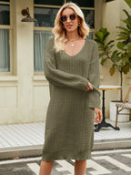 V-neck Long Sleeve Sweater Dress