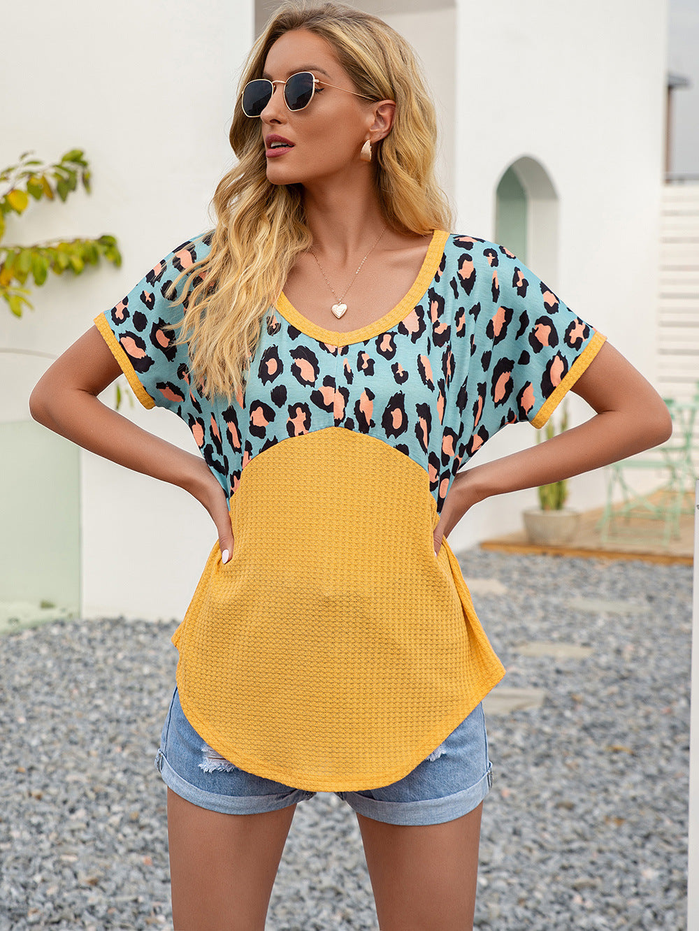 Leopard Waffle-knit Short Sleeve Top (15)