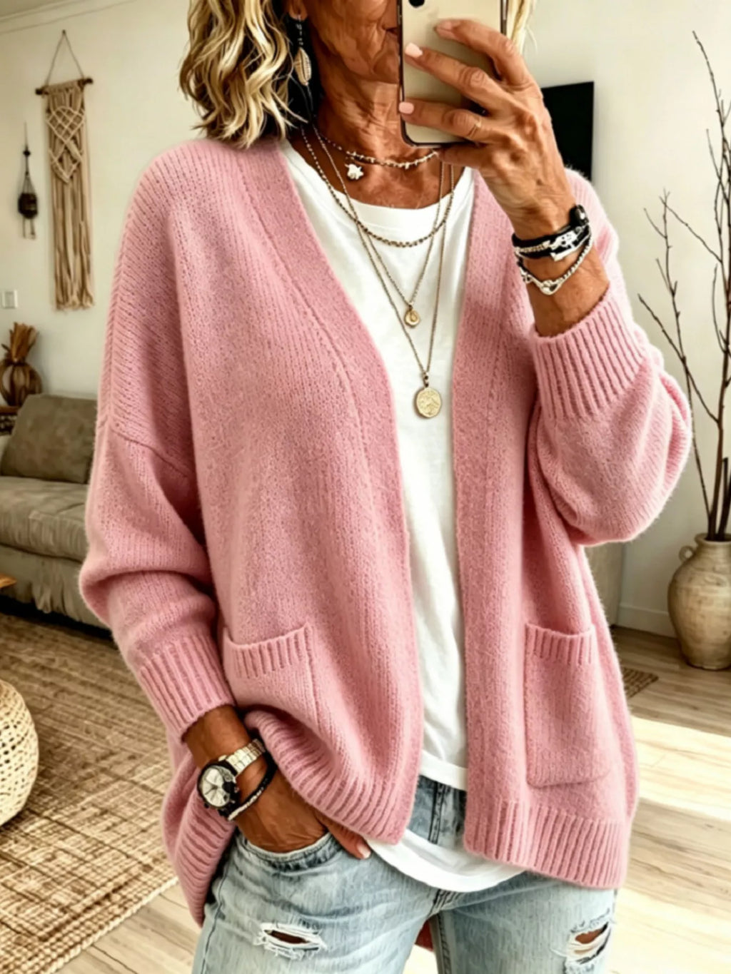 Open Front Knit Cardigan Pockets