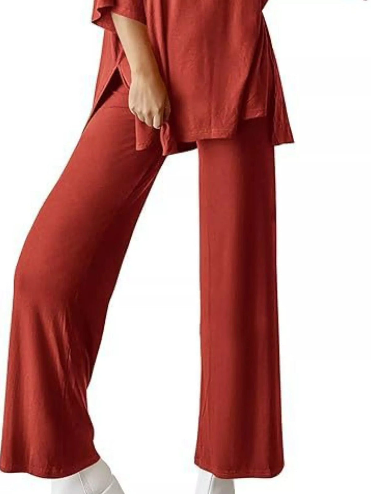 Slit Round Neck Top Pants Set (20)