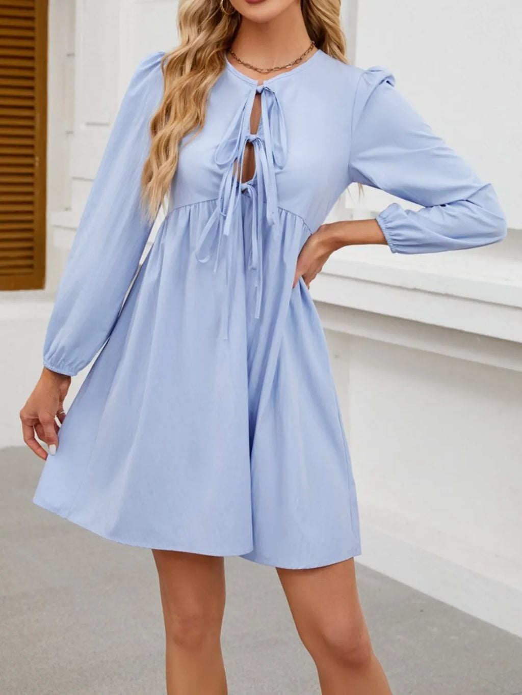 Tie Front Long Sleeve Mini Dress (2)