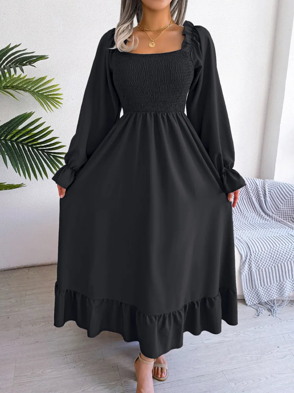 Smocked Square Neck Flounce Sleeve Dress (21)