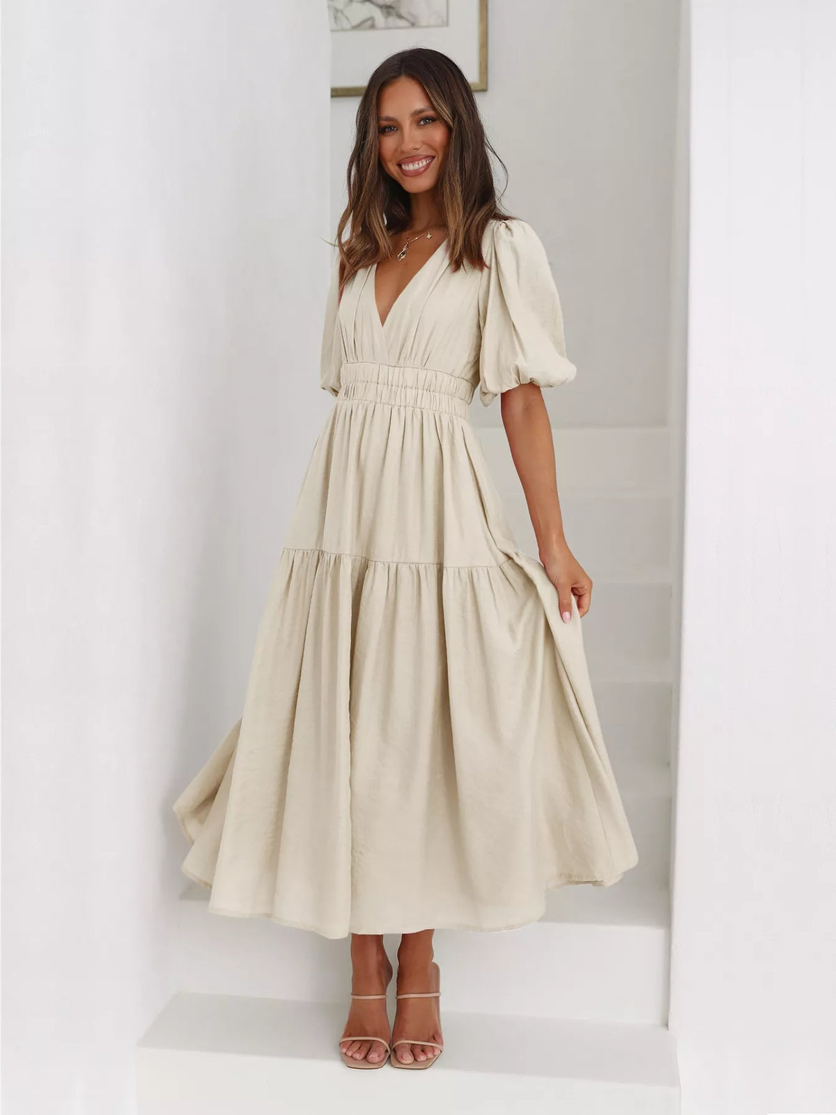 Tiered Puff Sleeve Midi Dress (11)