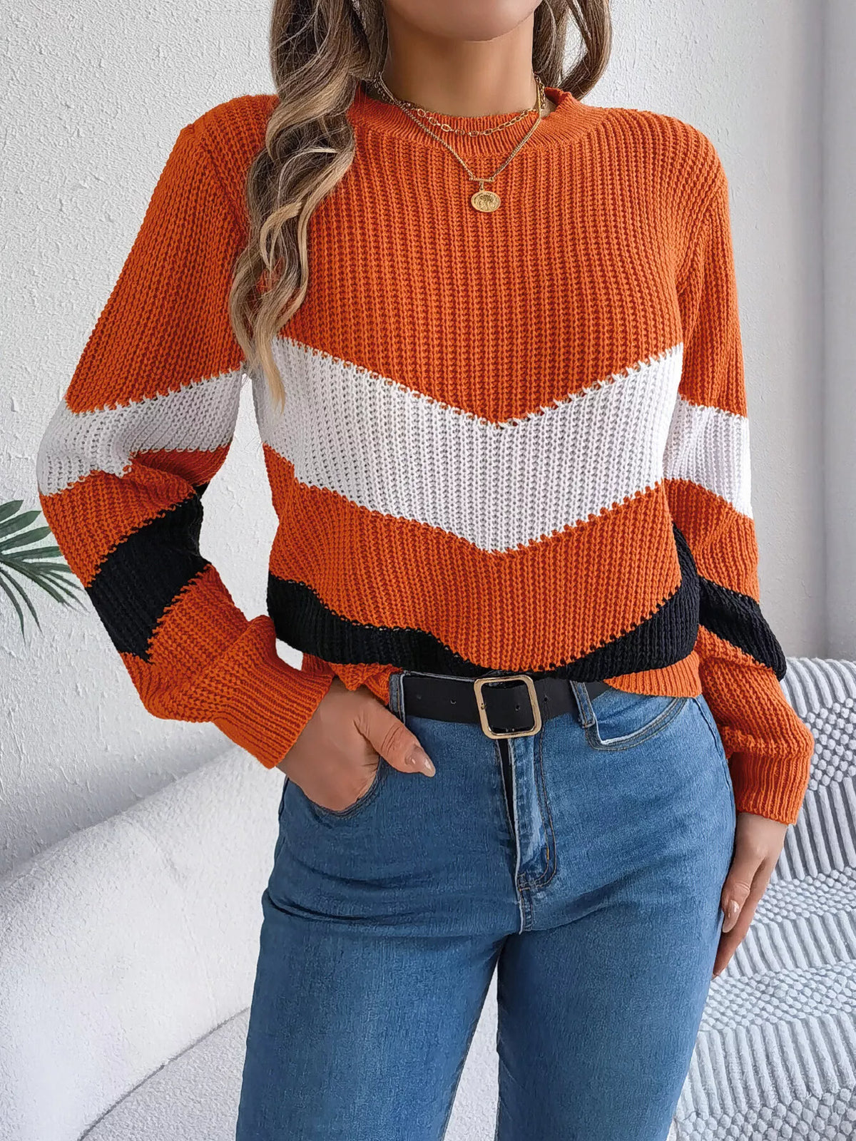 Chevron Stripe Block Round Neck Sweater (4)