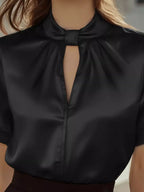 Satin Keyhole Short Sleeve Blouse (9)