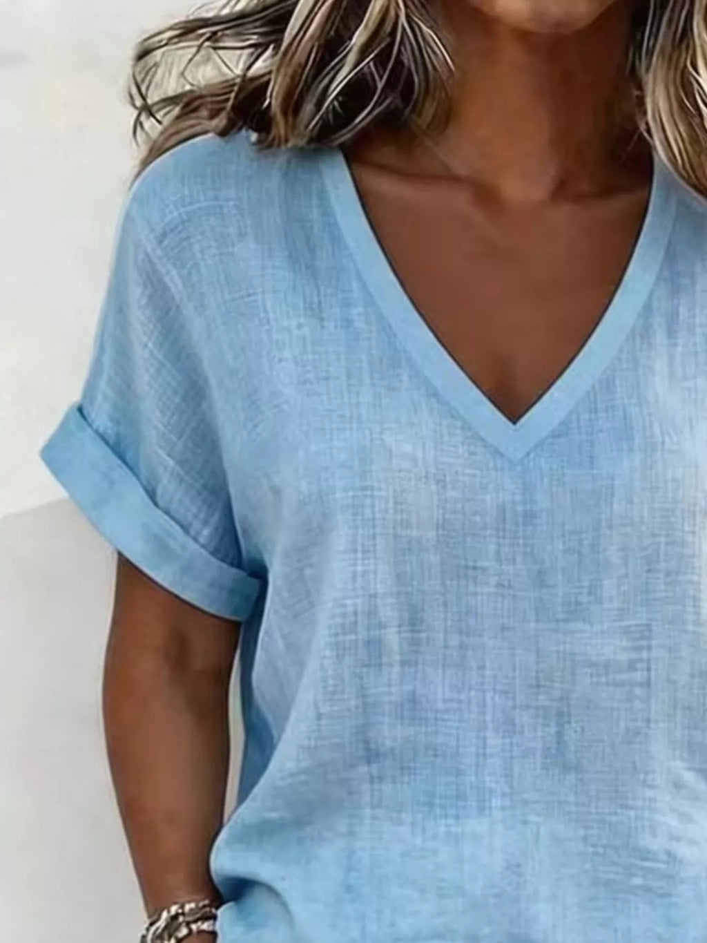 V-neck Linen Blend Short Sleeve Top Shorts Set (2)