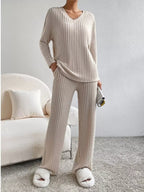 Ribbed Knit V-neck Top Pants Set (2)