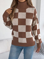 Checkered Turtleneck Long Sleeve Sweater (16)