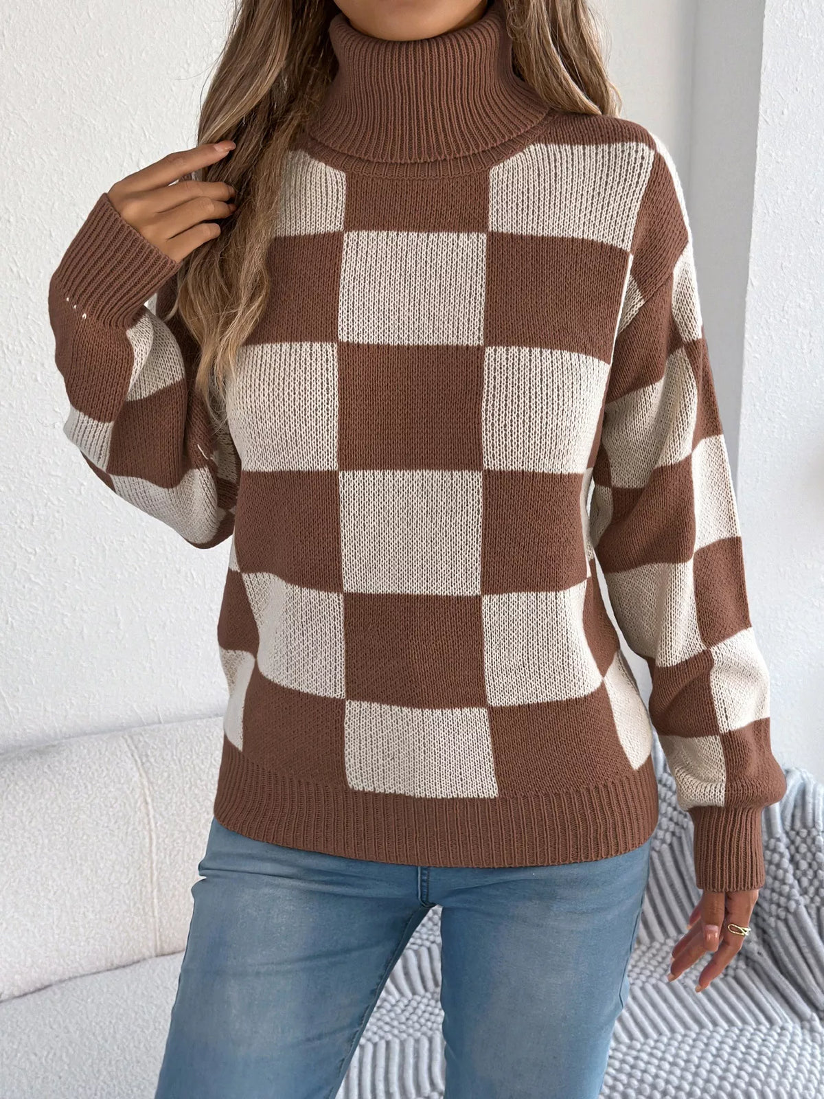 Checkered Turtleneck Long Sleeve Sweater (16)