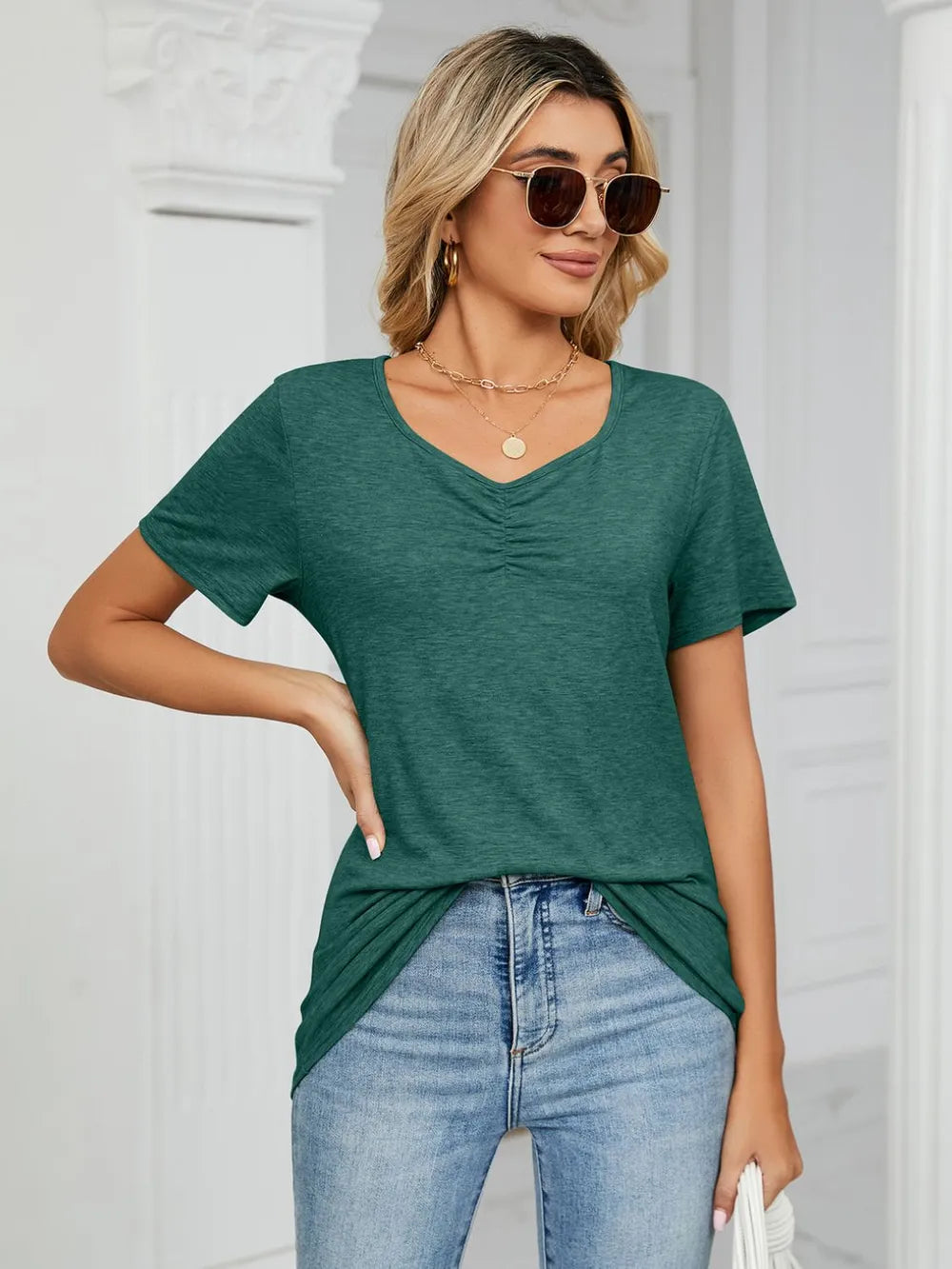 Ruched V-neck Short Sleeve T-shirt (3)