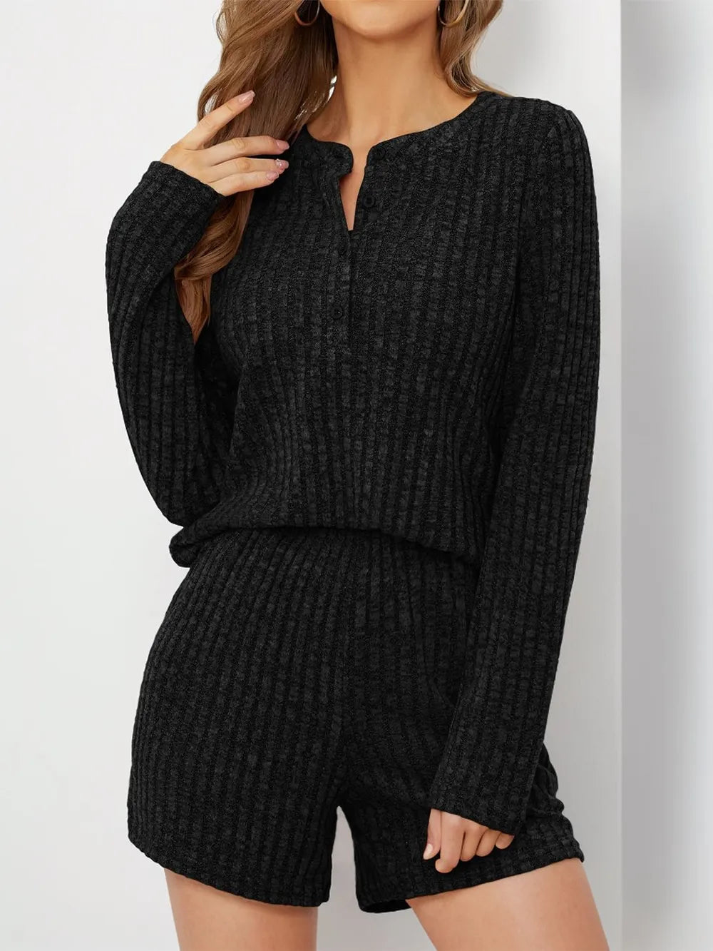 Ribbed Round Neck Top Shorts Set (17)