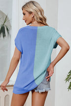 Block V-neck Short Sleeve Knit Top (5)