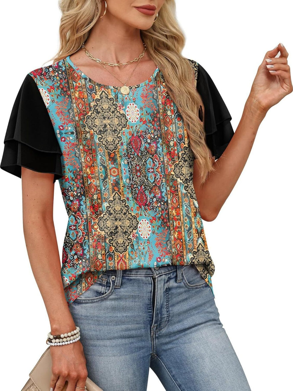 Layered Short Sleeve Round Neck T-shirt (28)