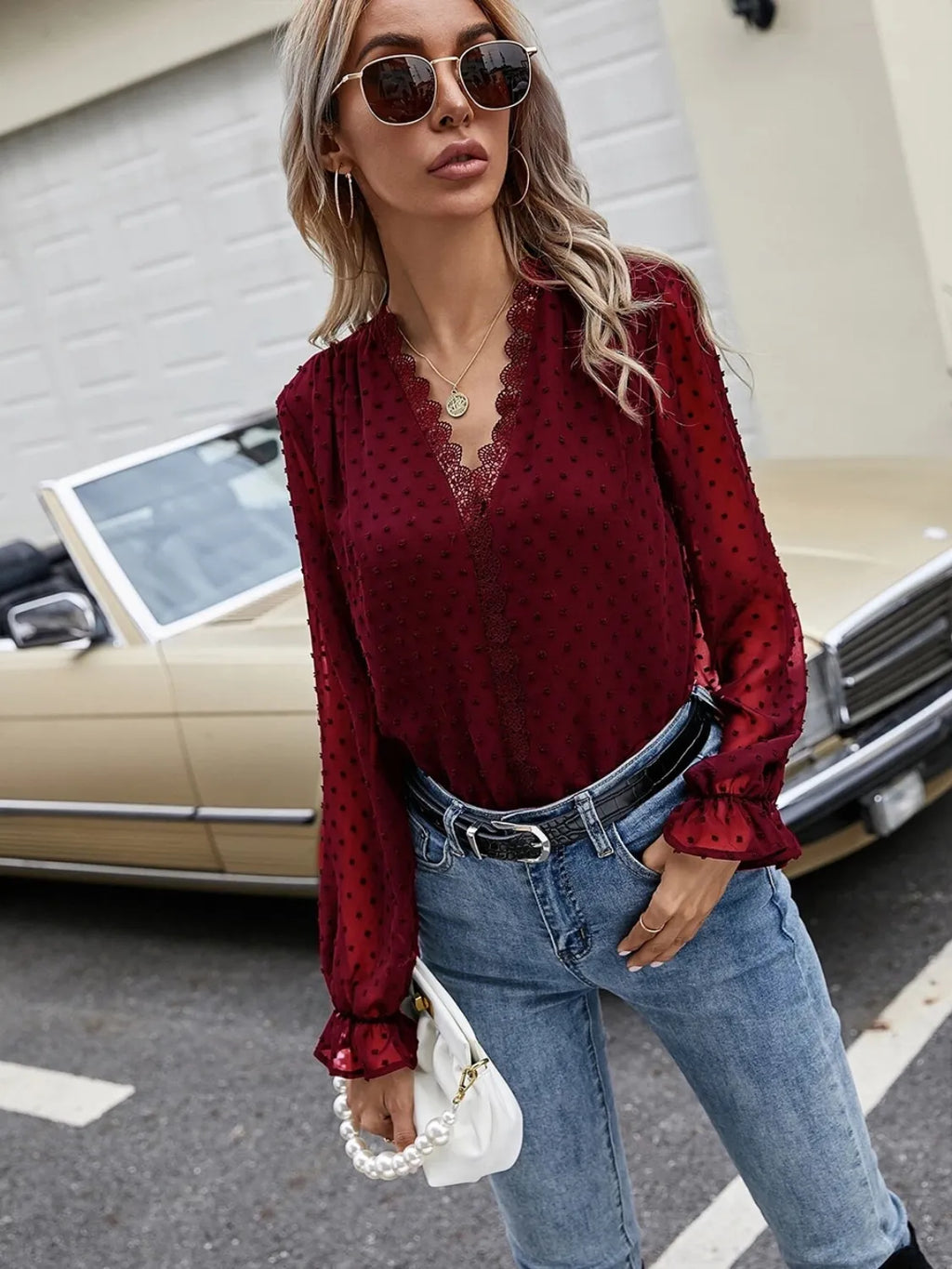 Lace Detail V-neck Swiss Dot Blouse (10)