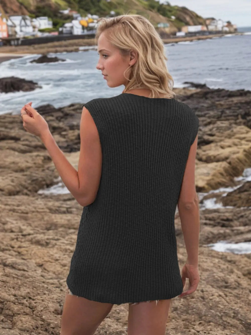 Button Down Eyelet V-neck Sweater Vest (7)