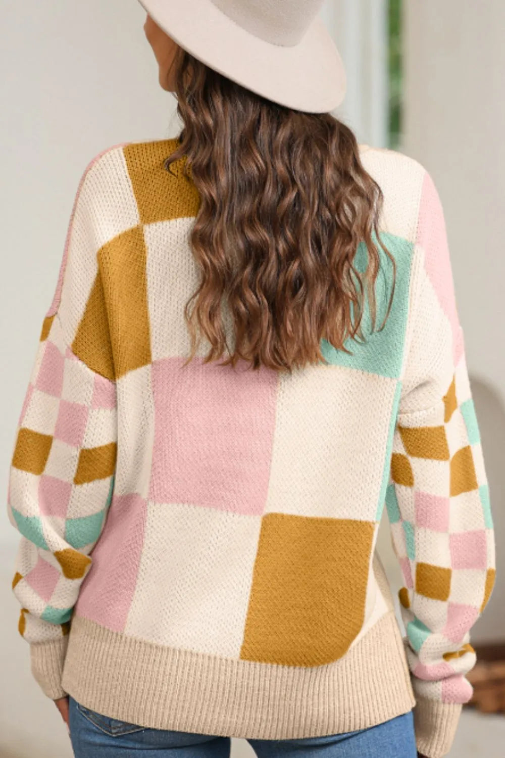 Checkered Round Neck Drop Shoulder Sweater (4)