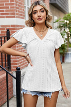 Eyelet V-neck Flutter Sleeve T-shirt (4)
